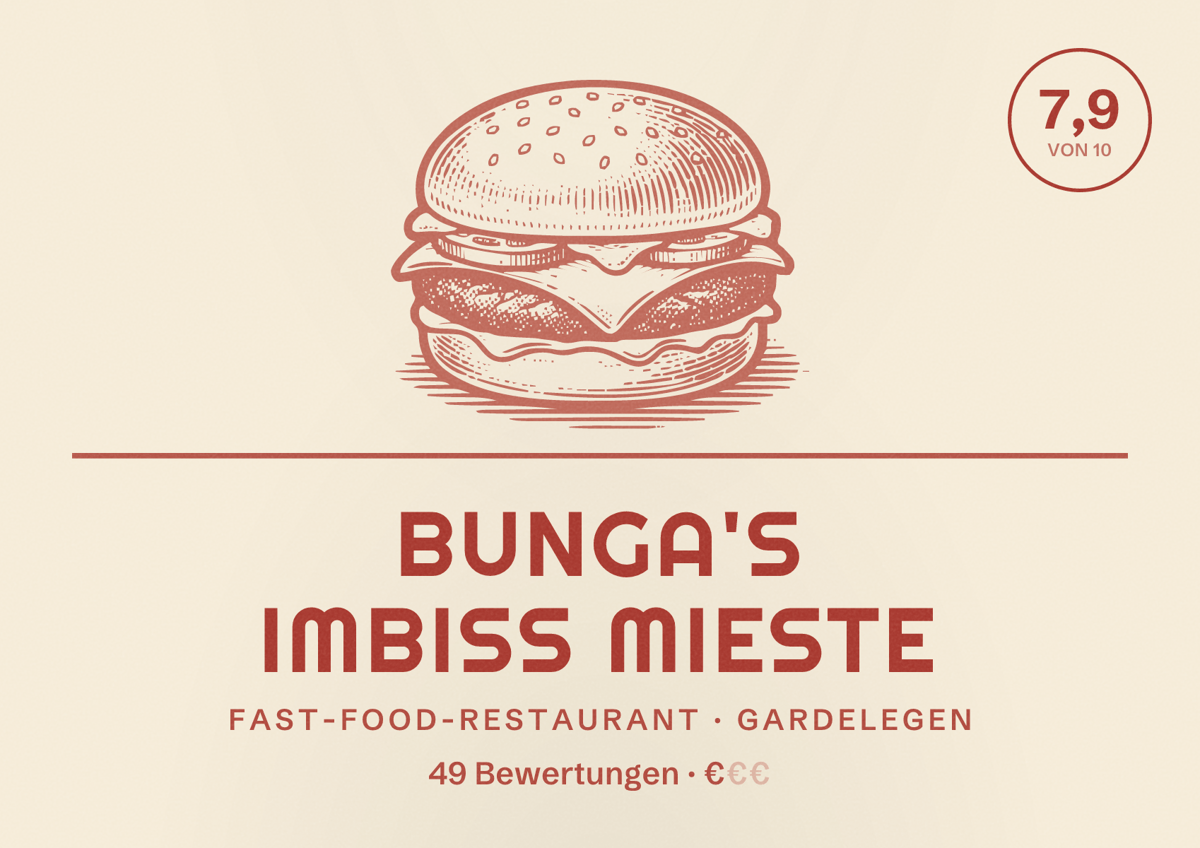 Illustriertes Poster von Bunga's Imbiss Mieste, Fast-Food-Restaurant in Gardelegen: Bewertung 7,9 von 10 aus 49 Bewertungen, Preisniveau €