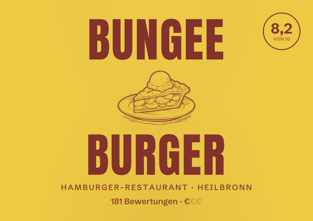 Illustriertes Poster von Bungee Burger, Hamburger-Restaurant in Heilbronn: Bewertung 8,2 von 10 aus 181 Bewertungen, Preisniveau €