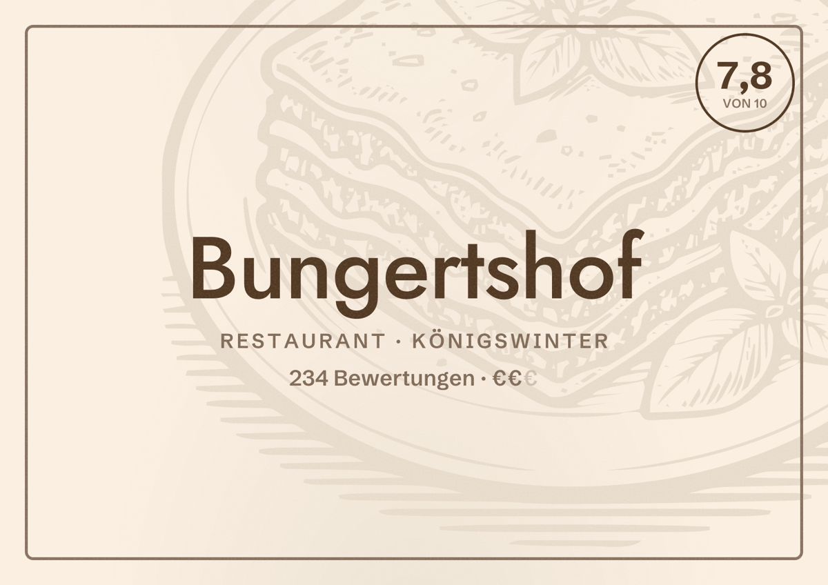 Illustriertes Poster von Bungertshof, Restaurant in Königswinter: Bewertung 7,8 von 10 aus 234 Bewertungen, Preisniveau €€
