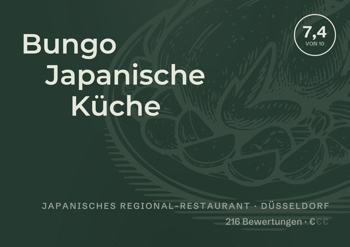 Illustriertes Poster von Bungo Japanische Küche, Japanisches Regional-Restaurant in Düsseldorf: Bewertung 7,4 von 10 aus 216 Bewertungen, Preisniveau €