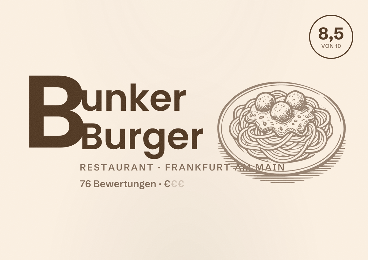 Illustriertes Poster von Bunker Burger, Restaurant in Frankfurt am Main: Bewertung 8,5 von 10 aus 76 Bewertungen, Preisniveau €