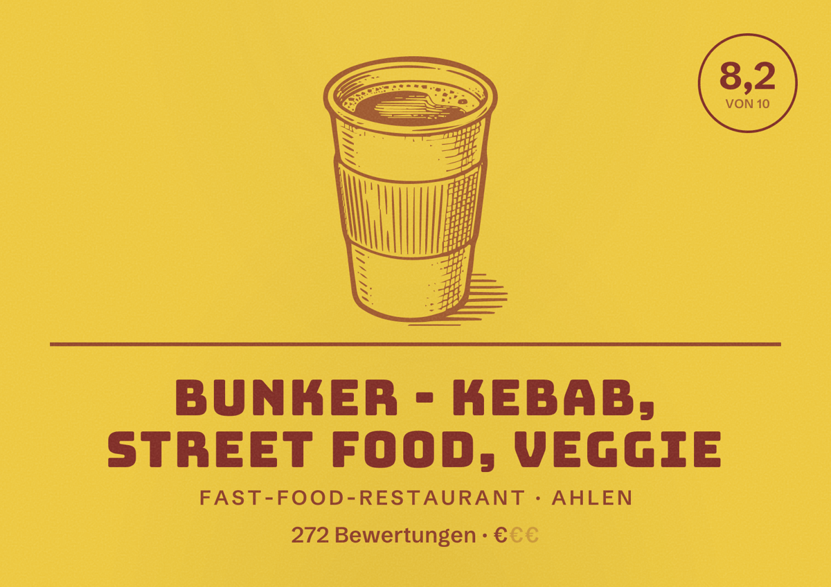 Illustriertes Poster von Bunker - Kebab, Street Food, Veggie, Fast-Food-Restaurant in Ahlen: Bewertung 8,2 von 10 aus 272 Bewertungen, Preisniveau €