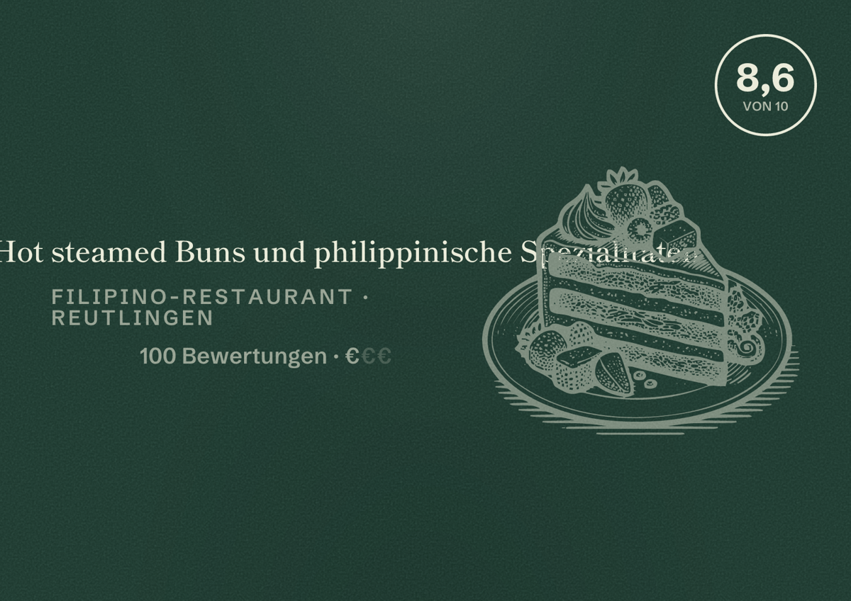 Illustriertes Poster von BunNaNa - Hot steamed Buns und philippinische Spezialitäten, Filipino-Restaurant in Reutlingen: Bewertung 8,6 von 10 aus 100 Bewertungen, Preisniveau €