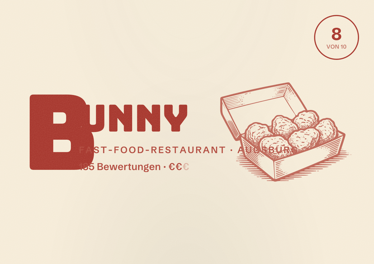 Illustriertes Poster von Bunny, Fast-Food-Restaurant in Augsburg: Bewertung 8,0 von 10 aus 185 Bewertungen, Preisniveau €€