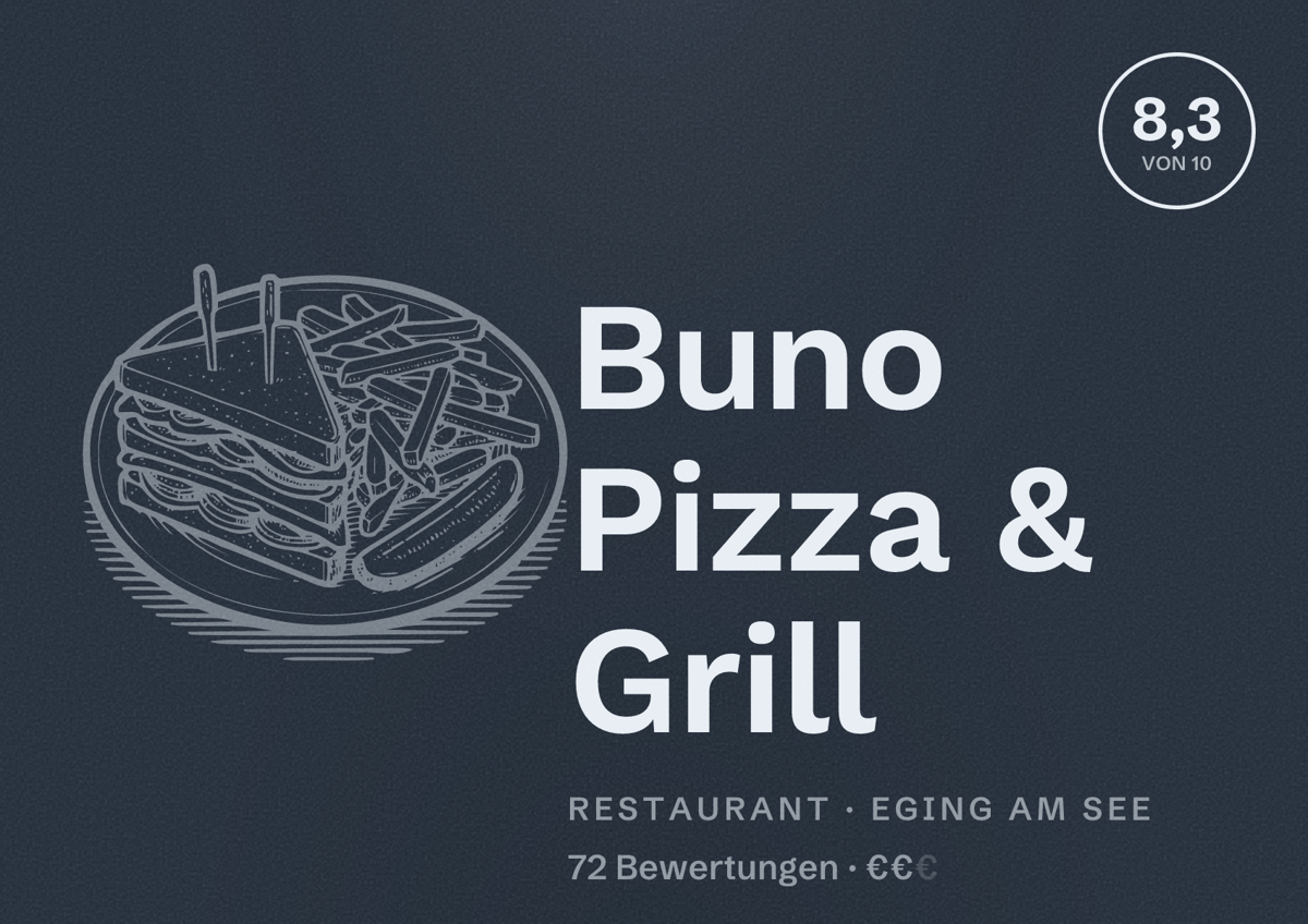 Illustriertes Poster von Buno Pizza & Grill, Restaurant in Eging am See: Bewertung 8,3 von 10 aus 72 Bewertungen, Preisniveau €€