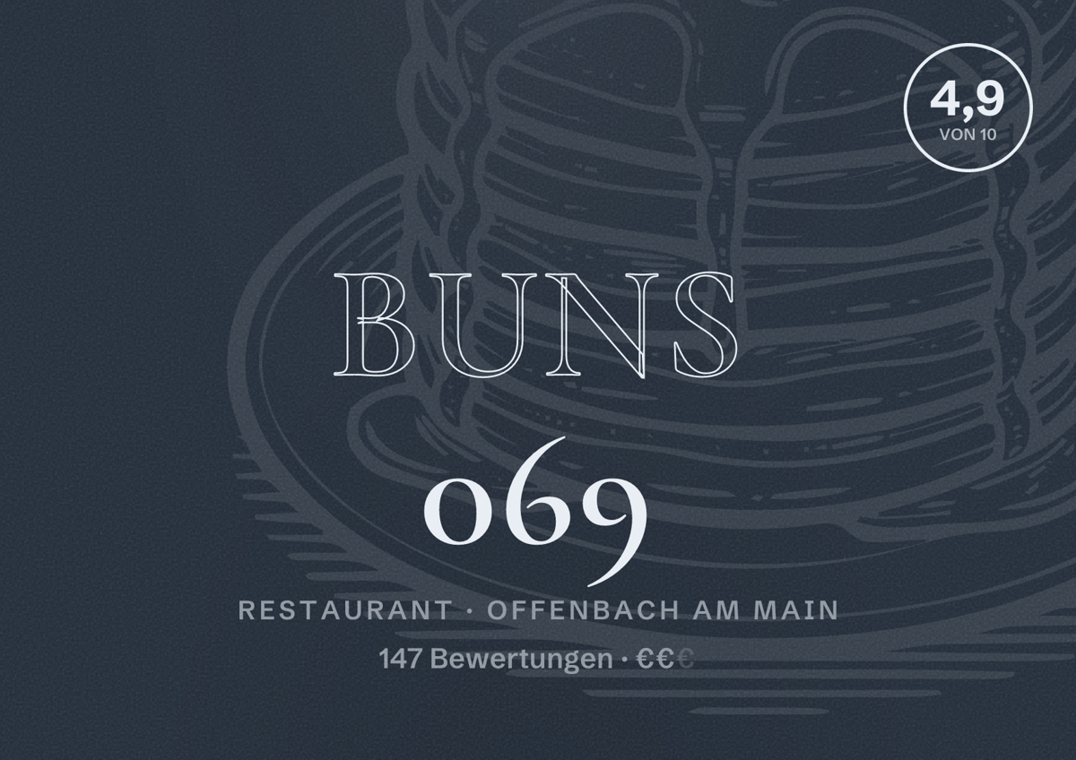 Illustriertes Poster von Buns 069, Restaurant in Offenbach am Main: Bewertung 4,9 von 10 aus 147 Bewertungen, Preisniveau €€