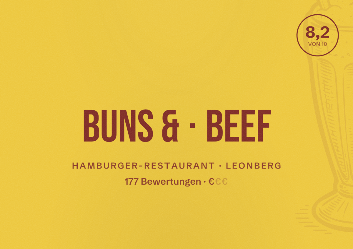 Illustriertes Poster von Buns & Beef, Hamburger-Restaurant in Leonberg: Bewertung 8,2 von 10 aus 177 Bewertungen, Preisniveau €