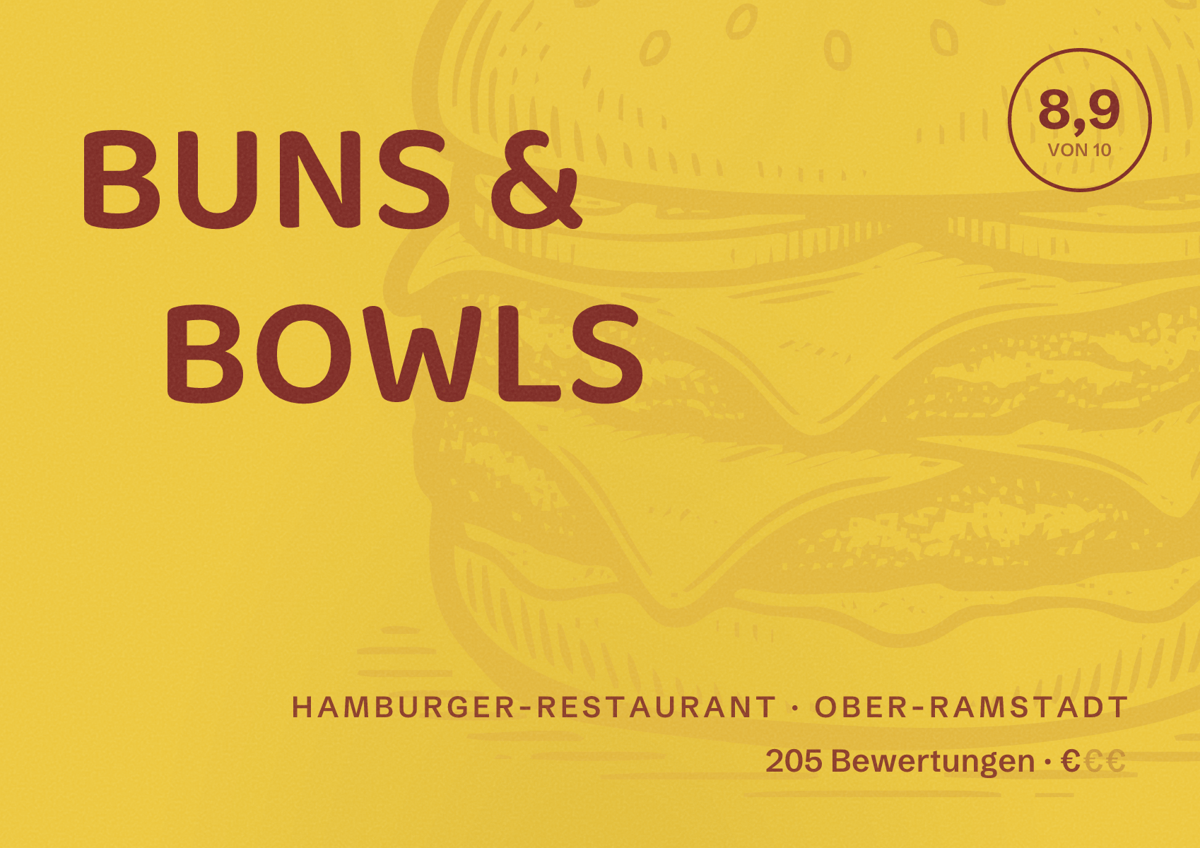 Illustriertes Poster von BUNS & BOWLS, Hamburger-Restaurant in Ober-Ramstadt: Bewertung 8,9 von 10 aus 205 Bewertungen, Preisniveau €