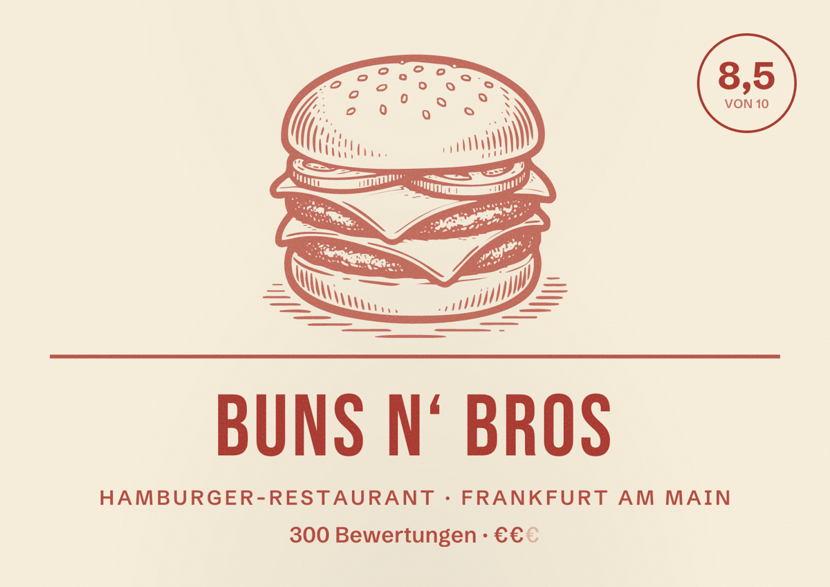 Illustriertes Poster von Buns n‘ Bros, Hamburger-Restaurant in Frankfurt am Main: Bewertung 8,5 von 10 aus 300 Bewertungen, Preisniveau €€