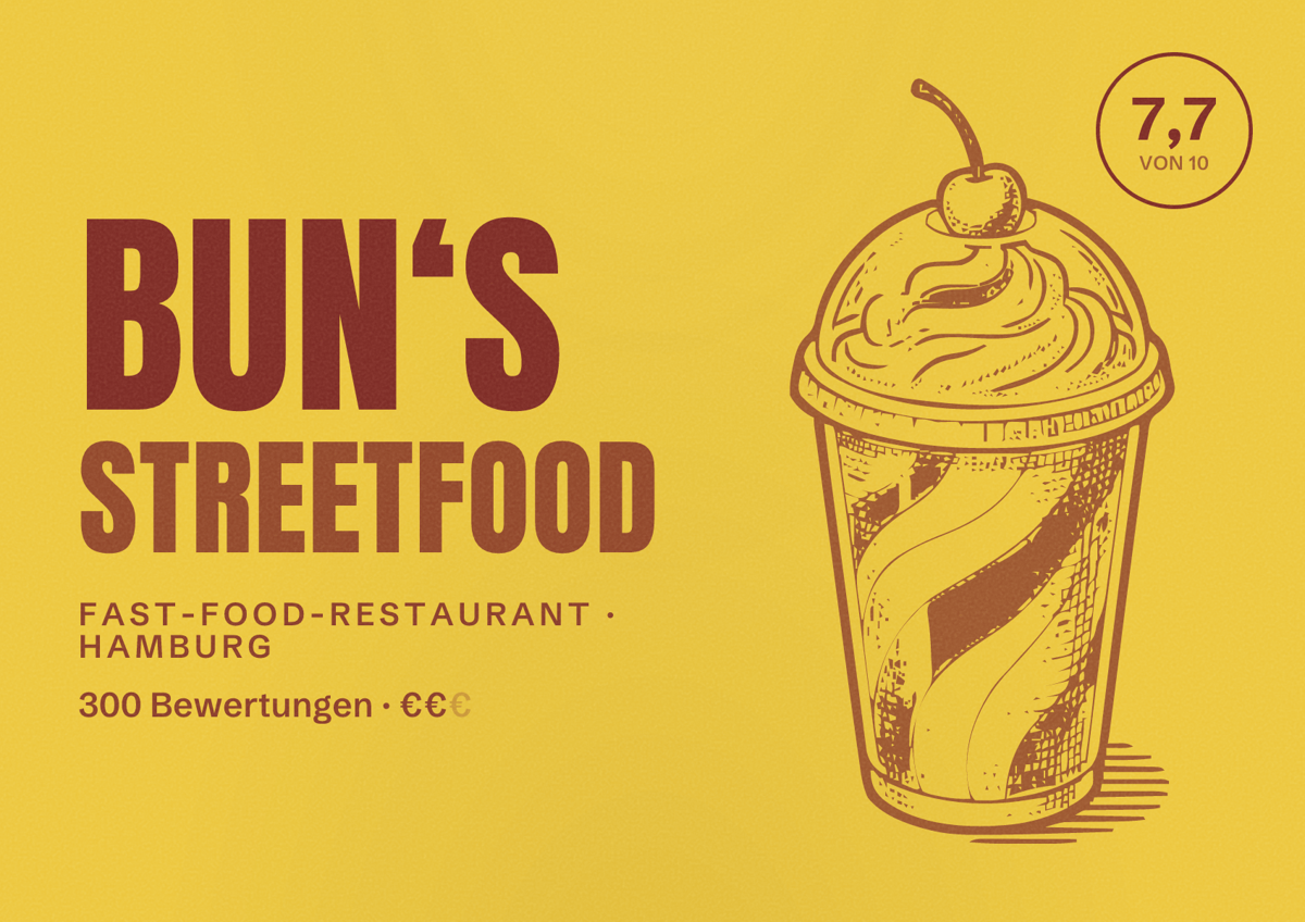 Illustriertes Poster von Bun‘s Streetfood, Fast-Food-Restaurant in Hamburg: Bewertung 7,7 von 10 aus 300 Bewertungen, Preisniveau €€