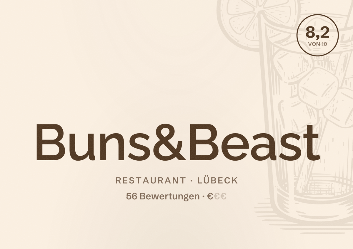 Illustriertes Poster von Buns&Beast, Restaurant in Lübeck: Bewertung 8,2 von 10 aus 56 Bewertungen, Preisniveau €