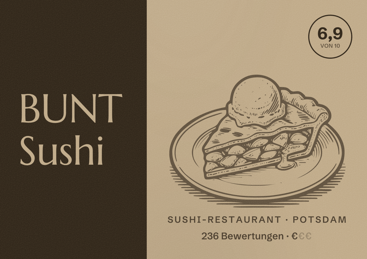Illustriertes Poster von BUNT Sushi, Sushi-Restaurant in Potsdam: Bewertung 6,9 von 10 aus 236 Bewertungen, Preisniveau €