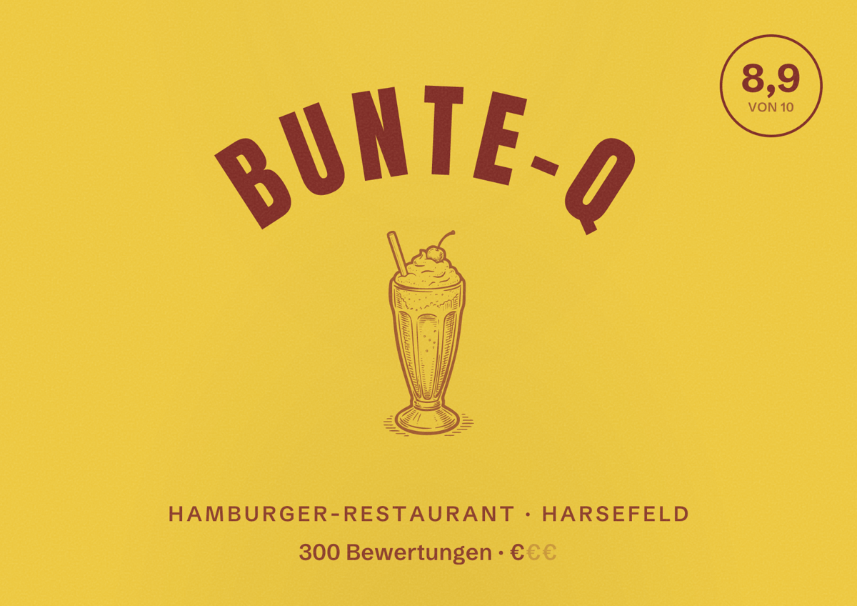 Illustriertes Poster von Bunte-Q, Hamburger-Restaurant in Harsefeld: Bewertung 8,9 von 10 aus 300 Bewertungen, Preisniveau €