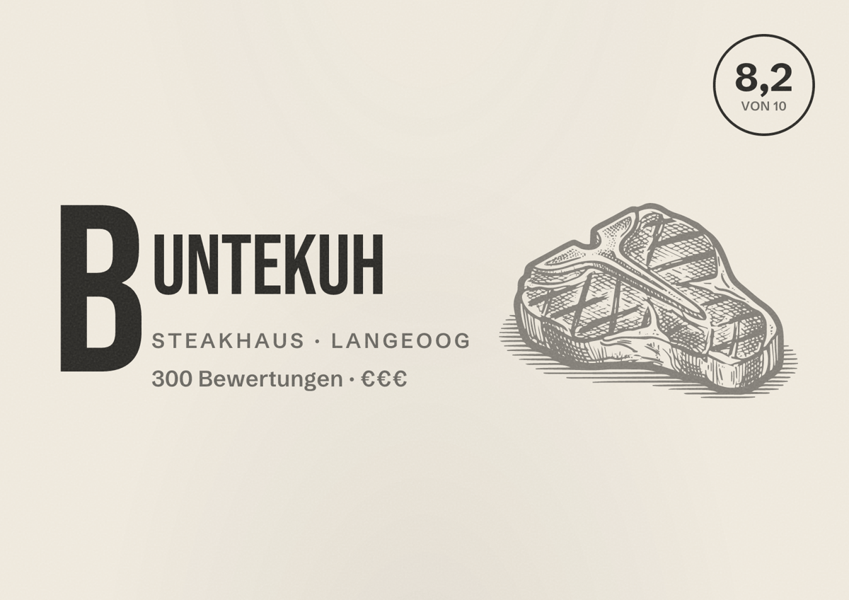 Illustriertes Poster von bunteKuh, Steakhaus in Langeoog: Bewertung 8,2 von 10 aus 300 Bewertungen, Preisniveau €€€