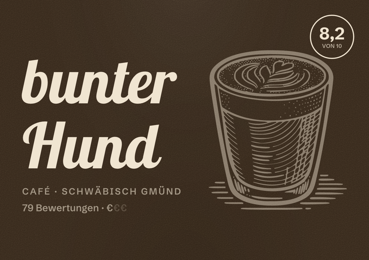 Illustriertes Poster von bunter Hund, Café in Schwäbisch Gmünd: Bewertung 8,2 von 10 aus 79 Bewertungen, Preisniveau €