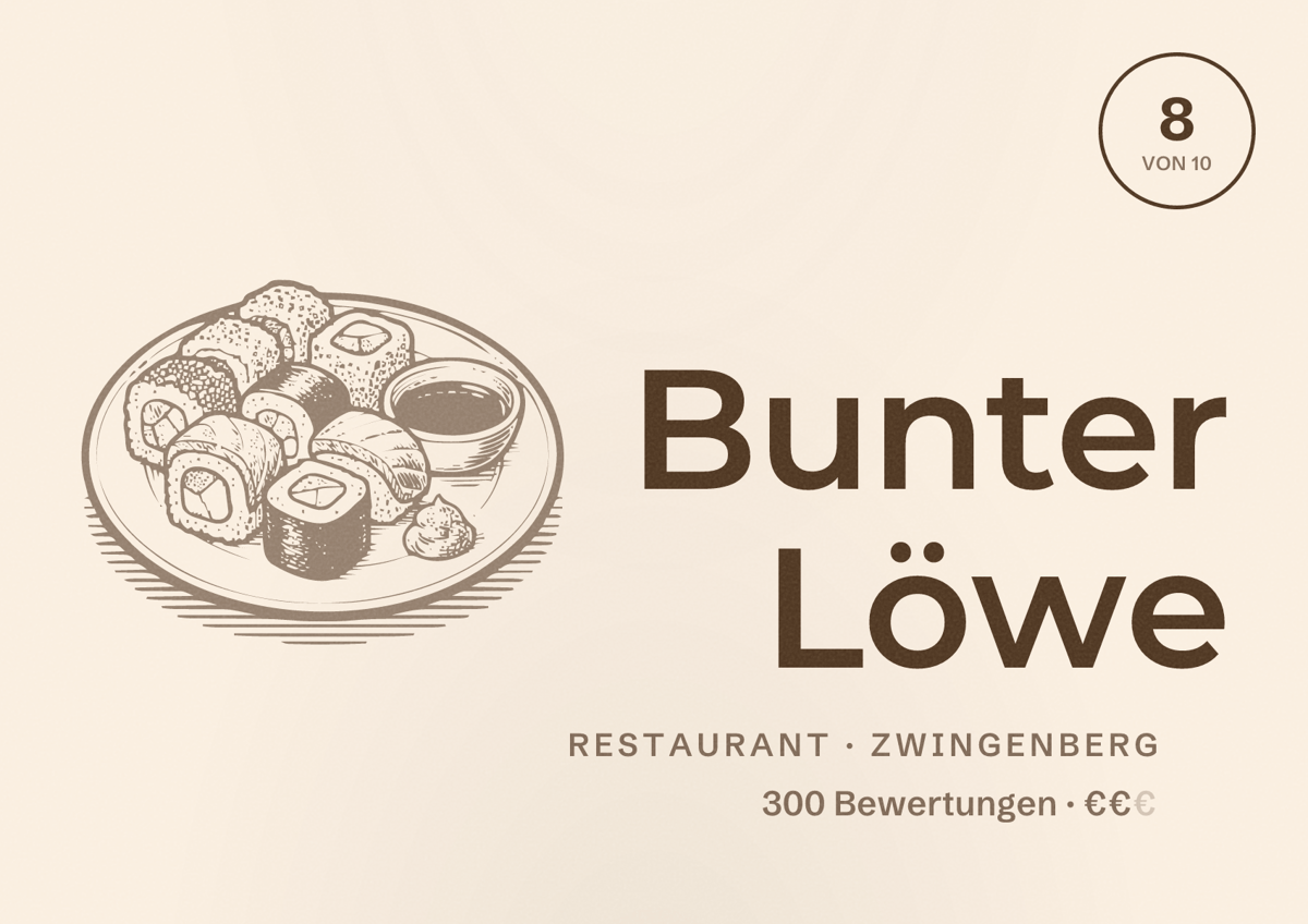 Illustriertes Poster von Bunter Löwe, Restaurant in Zwingenberg: Bewertung 8 von 10 aus 300 Bewertungen, Preisniveau €€