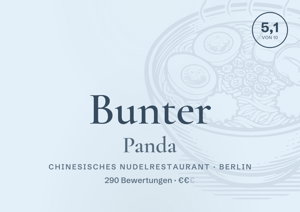 Illustriertes Poster von Bunter Panda, Chinesisches Nudelrestaurant in Berlin: Bewertung 5,1 von 10 aus 290 Bewertungen, Preisniveau €€