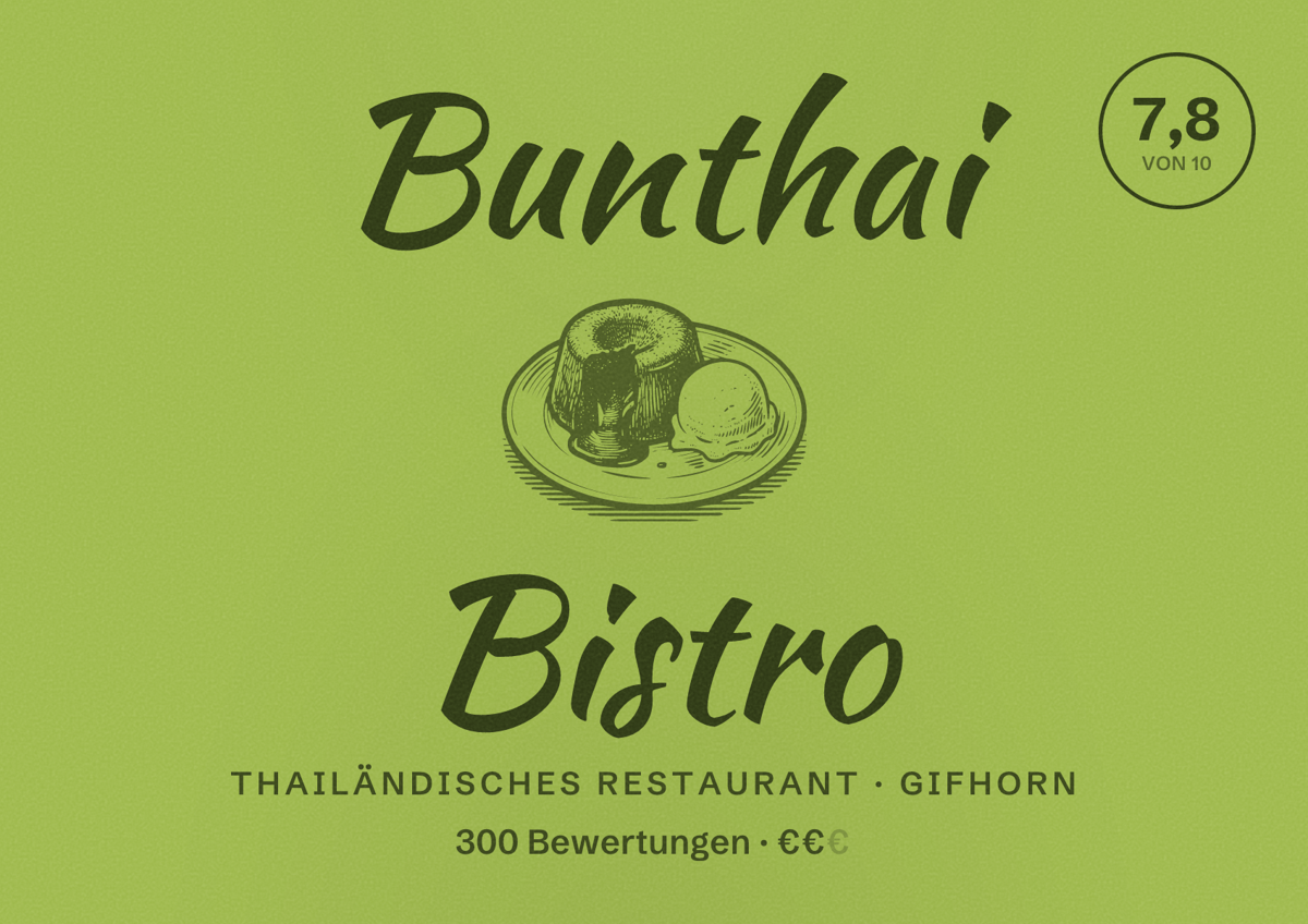 Illustriertes Poster von Bunthai Bistro, Thailändisches Restaurant in Gifhorn: Bewertung 7,8 von 10 aus 300 Bewertungen, Preisniveau €€