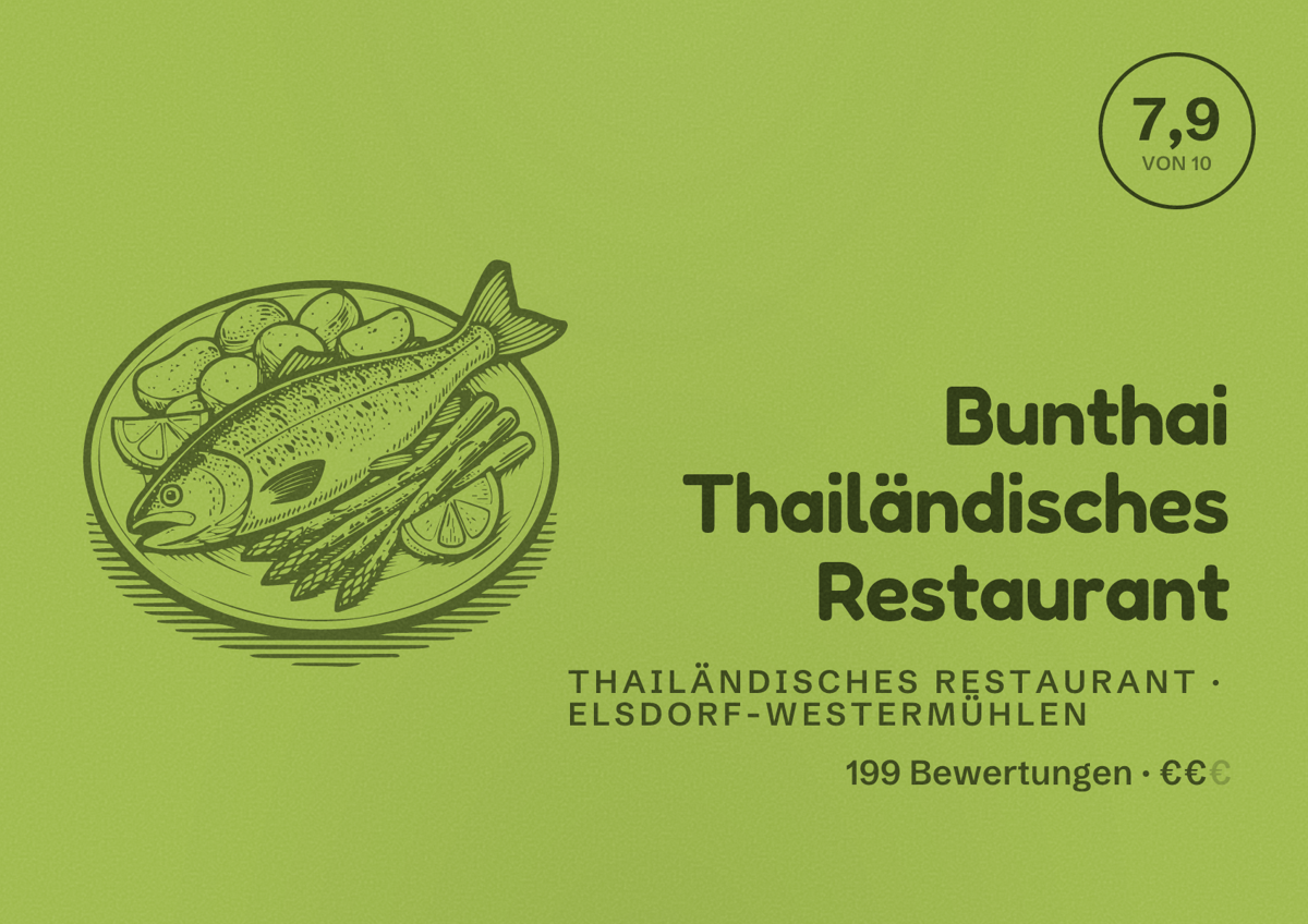 Illustriertes Poster von Bunthai Thailändisches Restaurant, Thailändisches Restaurant in Elsdorf-Westermühlen: Bewertung 7,9 von 10 aus 199 Bewertungen, Preisniveau €€