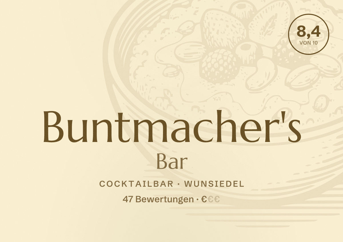 Illustriertes Poster von Buntmacher's Bar, Cocktailbar in Wunsiedel: Bewertung 8,4 von 10 aus 47 Bewertungen, Preisniveau €