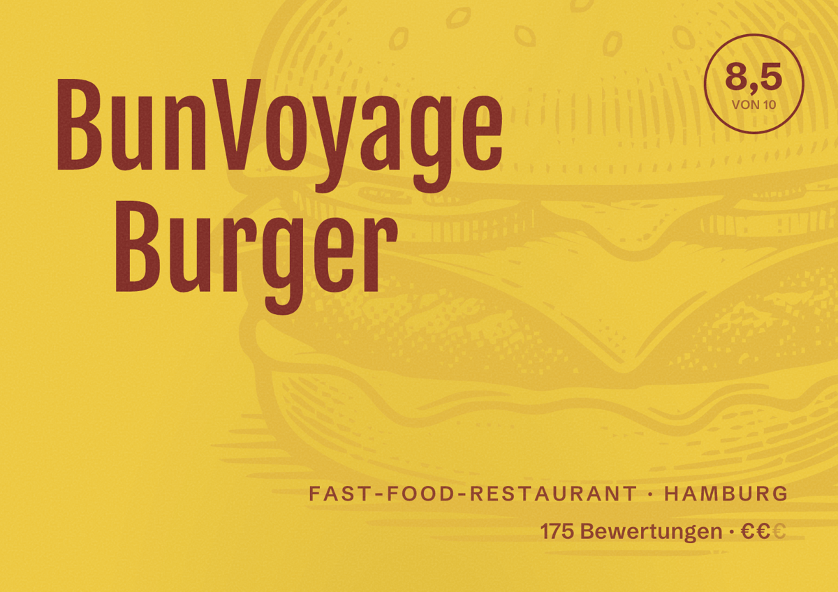 Illustriertes Poster von BunVoyage Burger, Fast-Food-Restaurant in Hamburg: Bewertung 8,5 von 10 aus 175 Bewertungen, Preisniveau €€