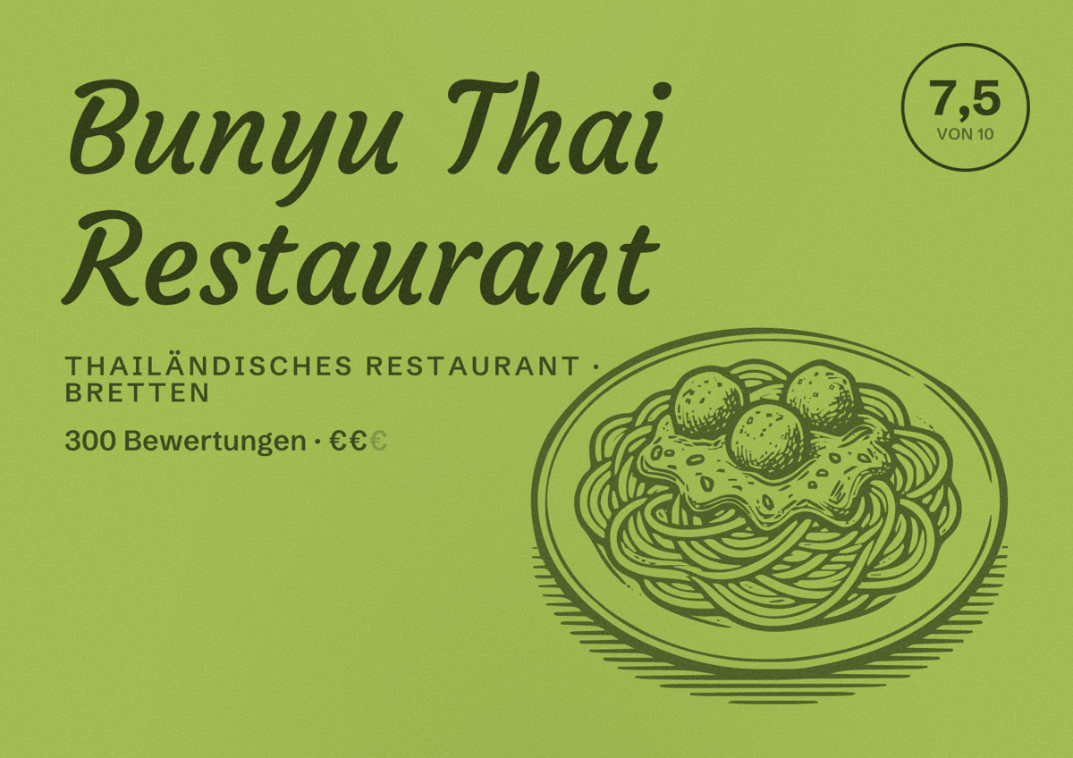 Illustriertes Poster von Bunyu Thai Restaurant, Thailändisches Restaurant in Bretten: Bewertung 7,5 von 10 aus 300 Bewertungen, Preisniveau €€