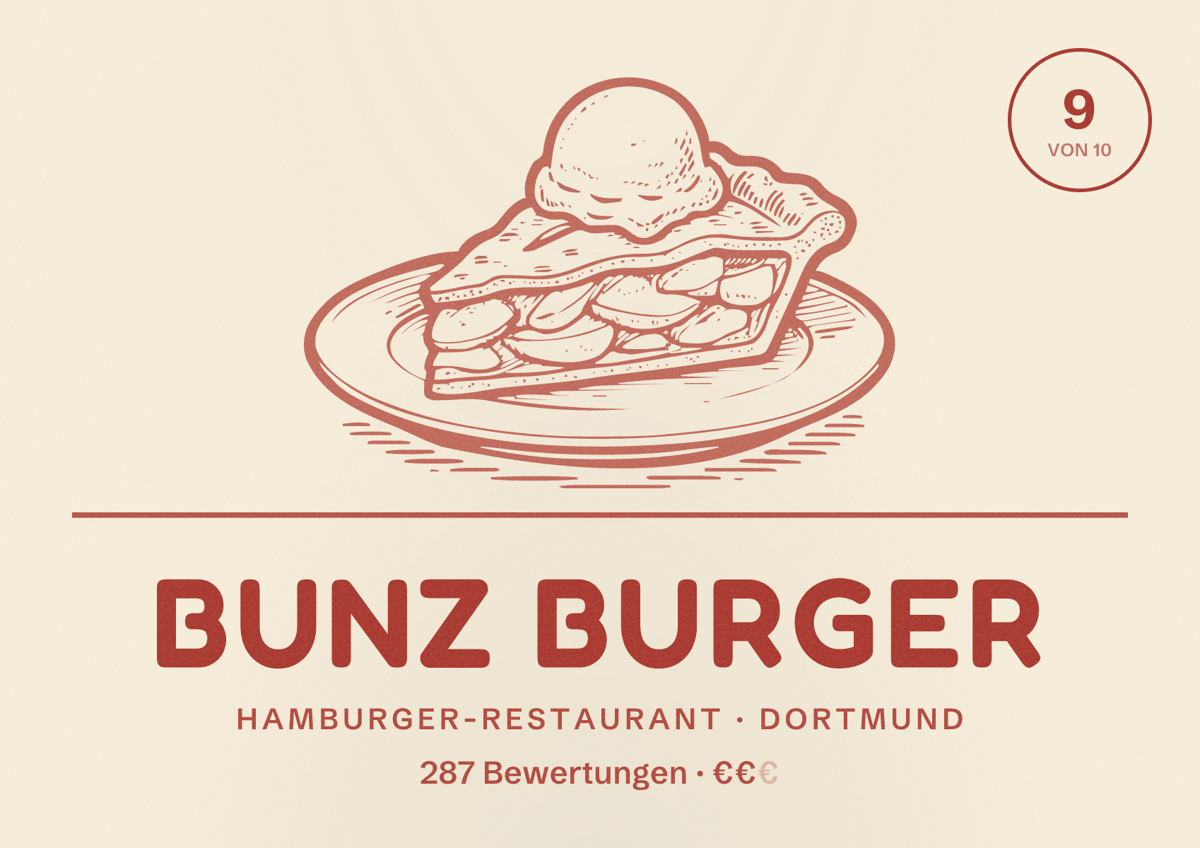 Illustriertes Poster von bunz burger, Hamburger-Restaurant in Dortmund: Bewertung 9 von 10 aus 287 Bewertungen, Preisniveau €€