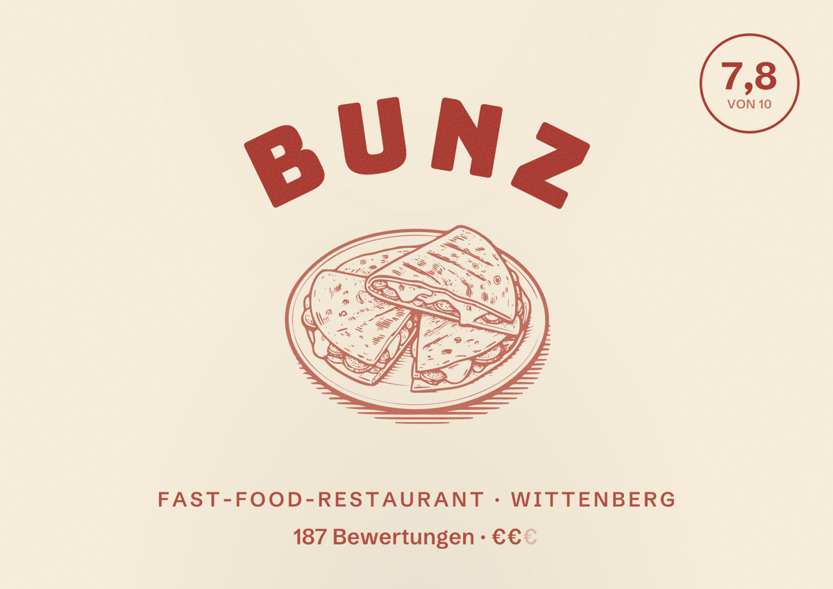 Illustriertes Poster von BUNZ, Fast-Food-Restaurant in Wittenberg: Bewertung 7,8 von 10 aus 187 Bewertungen, Preisniveau €€