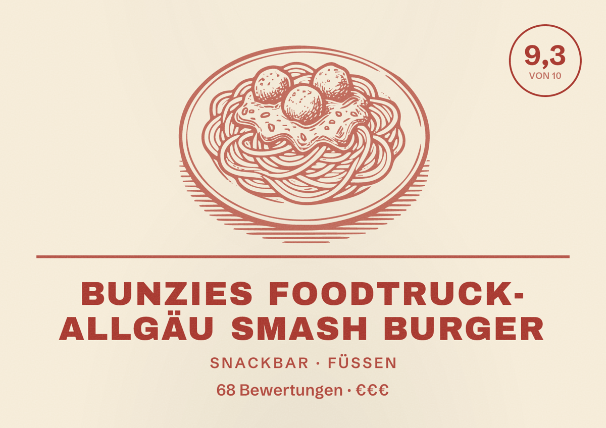 Illustriertes Poster von Bunzies Foodtruck- Allgäu Smash Burger, Snackbar in Füssen: Bewertung 9,3 von 10 aus 68 Bewertungen, Preisniveau €€€