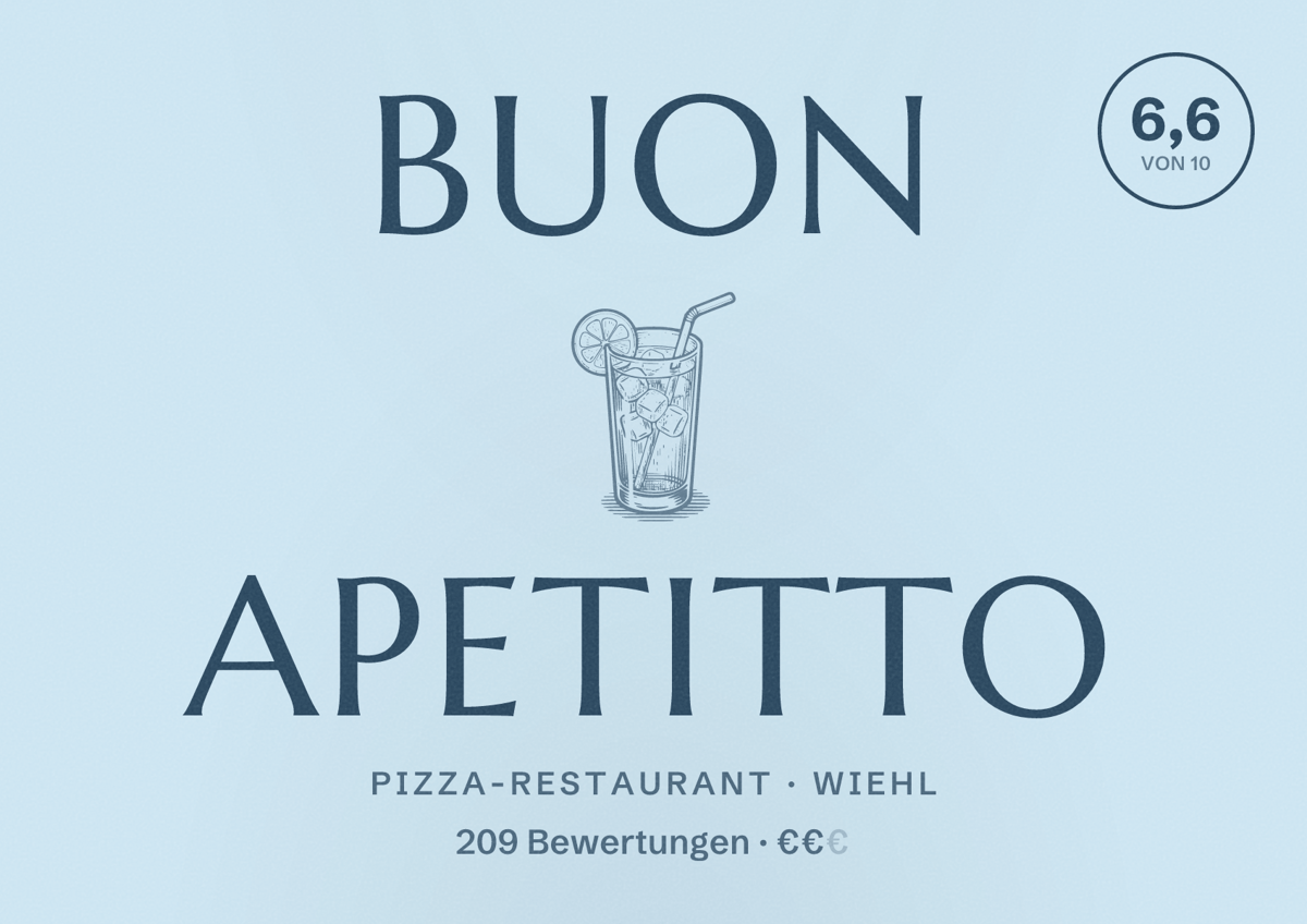 Illustriertes Poster von Buon Apetitto, Pizza-Restaurant in Wiehl: Bewertung 6,6 von 10 aus 209 Bewertungen, Preisniveau €€