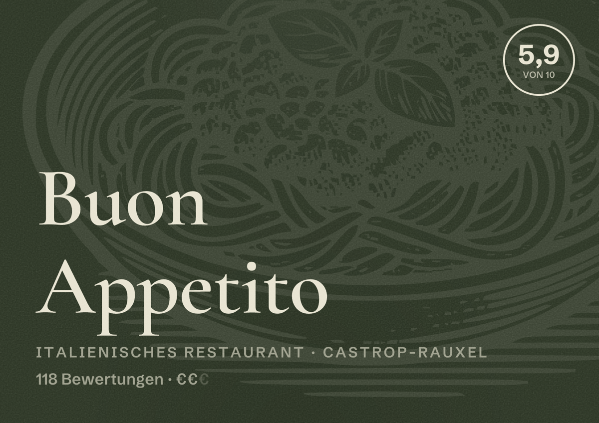 Illustriertes Poster von Buon Appetito, Italienisches Restaurant in Castrop-Rauxel: Bewertung 5,9 von 10 aus 118 Bewertungen, Preisniveau €€