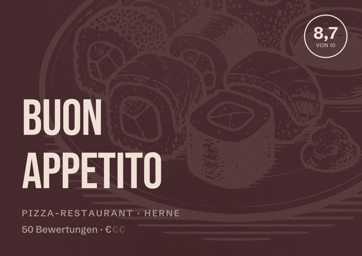 Illustriertes Poster von Buon Appetito, Pizza-Restaurant in Herne: Bewertung 8,7 von 10 aus 50 Bewertungen, Preisniveau €
