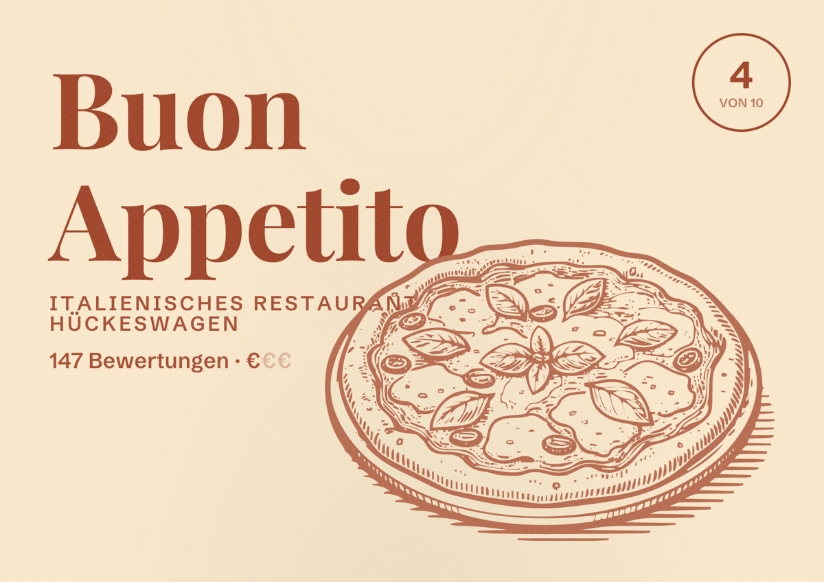 Illustriertes Poster von Buon Appetito, Italienisches Restaurant in Hückeswagen: Bewertung 4 von 10 aus 147 Bewertungen, Preisniveau €