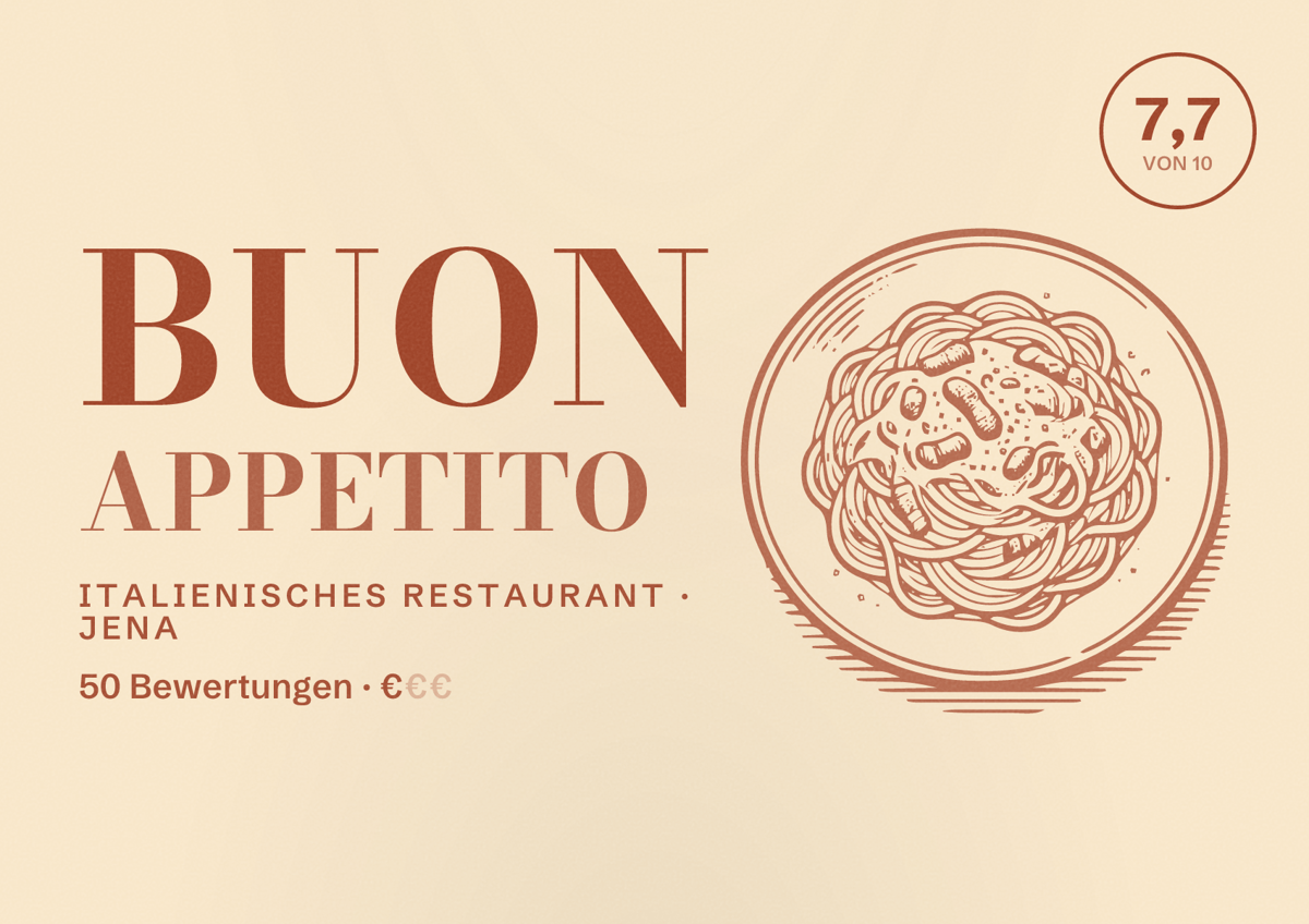 Illustriertes Poster von Buon appetito, Italienisches Restaurant in Jena: Bewertung 7,7 von 10 aus 50 Bewertungen, Preisniveau €