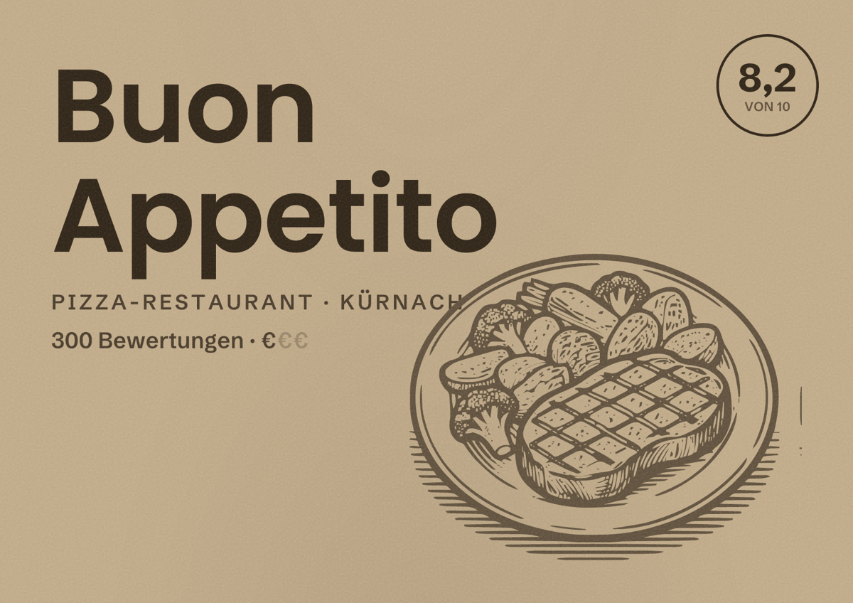 Illustriertes Poster von Buon Appetito, Pizza-Restaurant in Kürnach: Bewertung 8,2 von 10 aus 300 Bewertungen, Preisniveau €