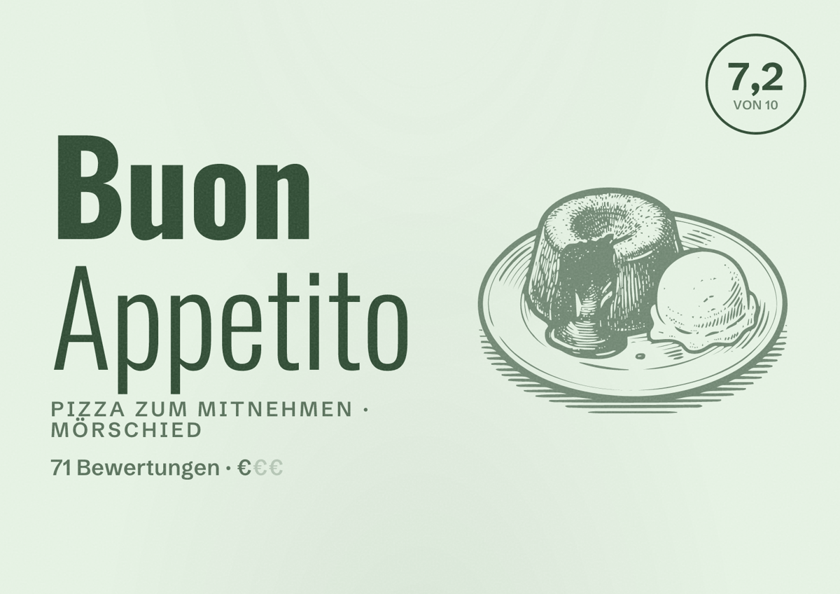 Illustriertes Poster von Buon Appetito, Pizza zum Mitnehmen in Mörschied: Bewertung 7,2 von 10 aus 71 Bewertungen, Preisniveau €