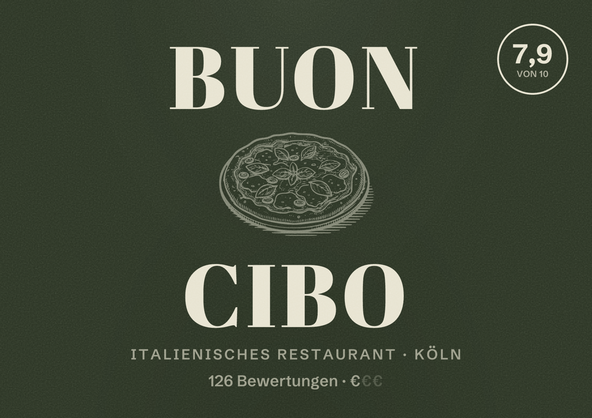 Illustriertes Poster von Buon Cibo, Italienisches Restaurant in Köln: Bewertung 7,9 von 10 aus 126 Bewertungen, Preisniveau €