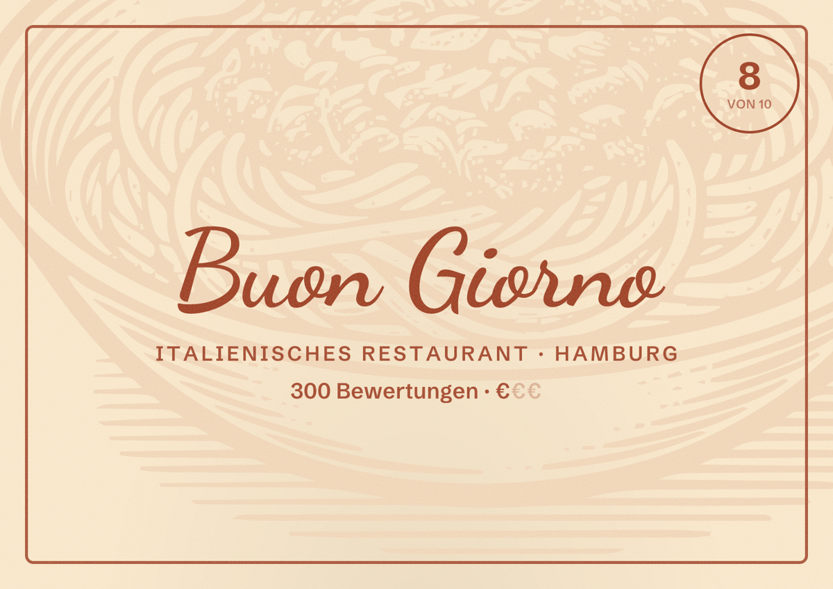 Illustriertes Poster von Buon Giorno, Italienisches Restaurant in Hamburg: Bewertung 8,0 von 10 aus 300 Bewertungen, Preisniveau €