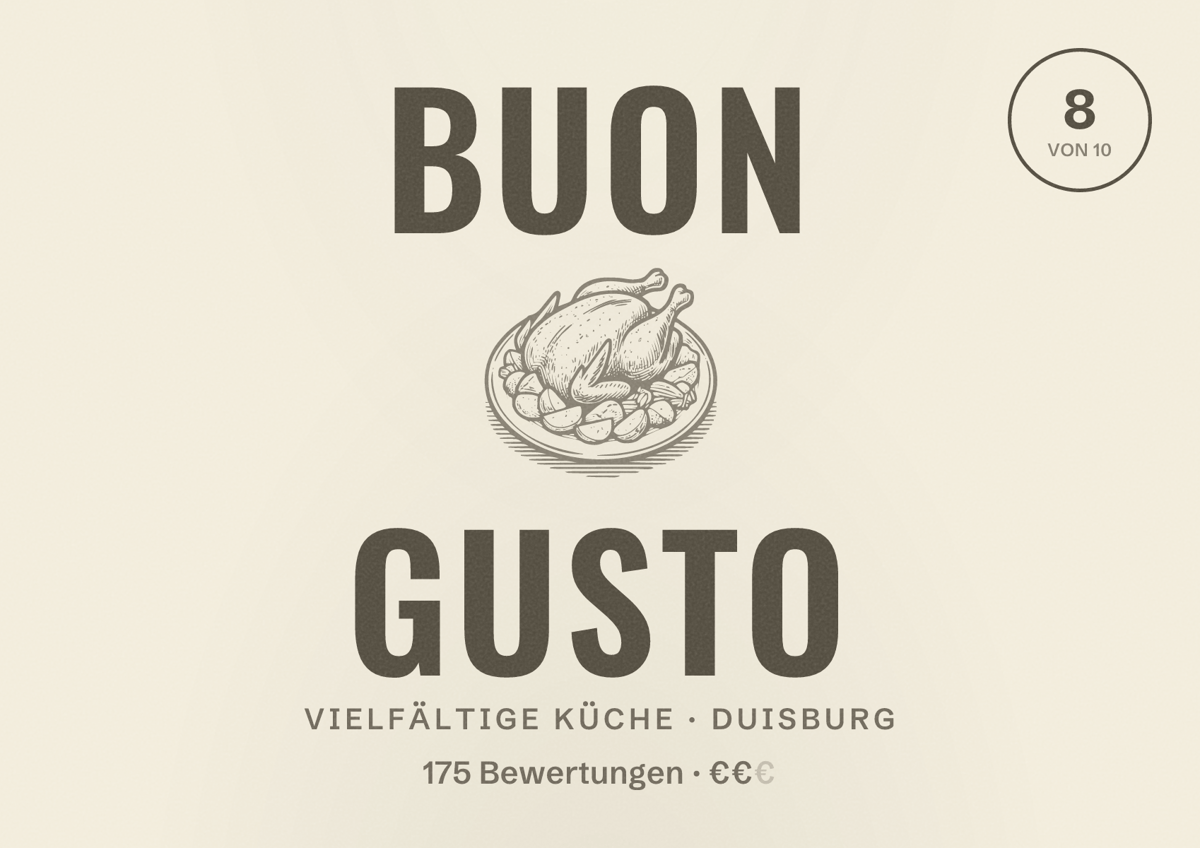 Illustriertes Poster von Buon Gusto, Vielfältige Küche in Duisburg: Bewertung 8 von 10 aus 175 Bewertungen, Preisniveau €€