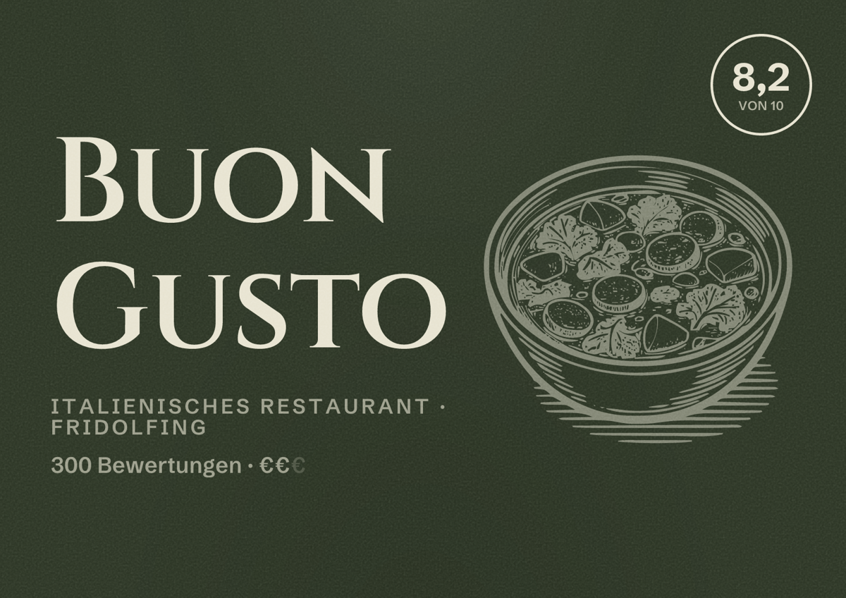 Illustriertes Poster von Buon Gusto, Italienisches Restaurant in Fridolfing: Bewertung 8,2 von 10 aus 300 Bewertungen, Preisniveau €€