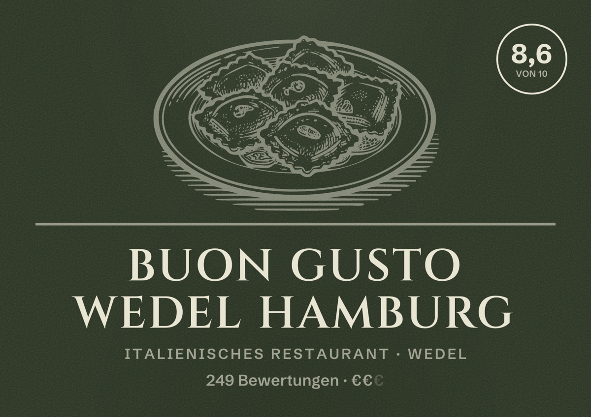 Illustriertes Poster von Buon Gusto Wedel Hamburg, Italienisches Restaurant in Wedel: Bewertung 8,6 von 10 aus 249 Bewertungen, Preisniveau €€