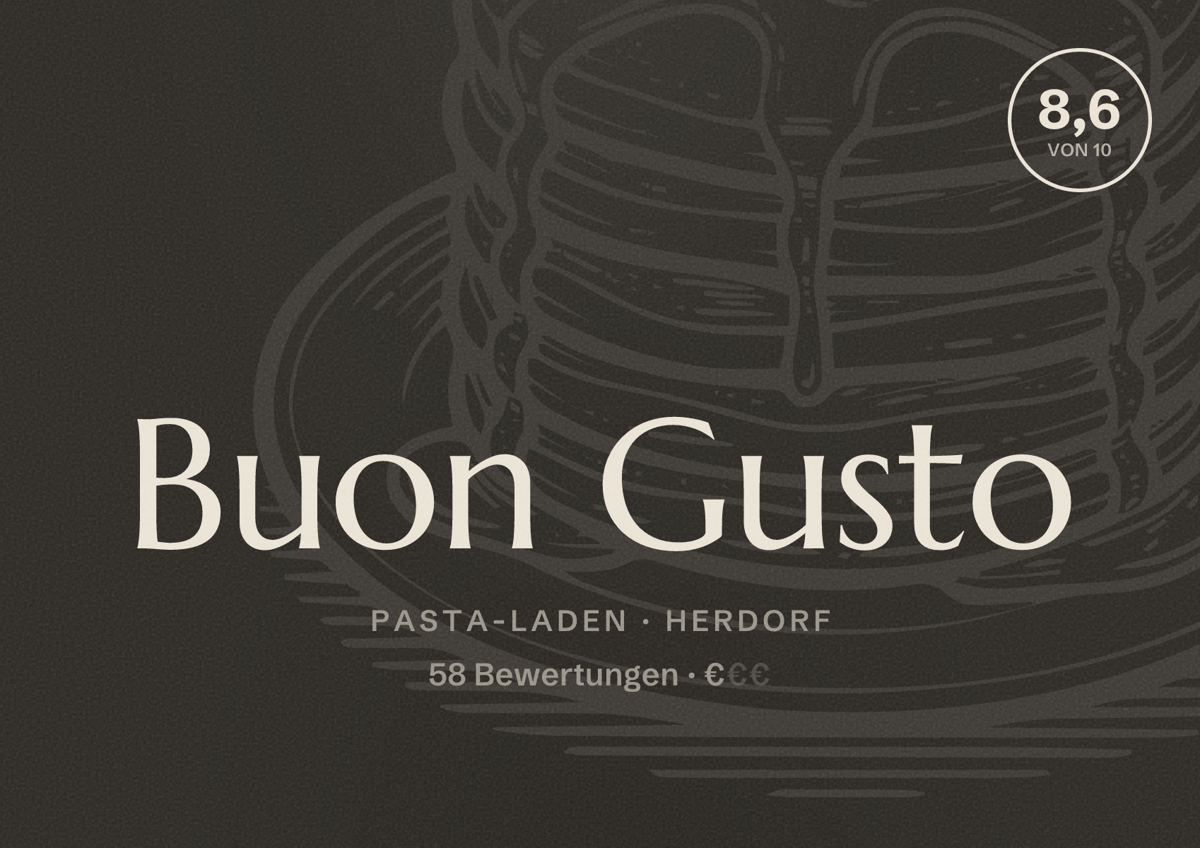 Illustriertes Poster von Buon Gusto, Pasta-Laden in Herdorf: Bewertung 8,6 von 10 aus 58 Bewertungen, Preisniveau €