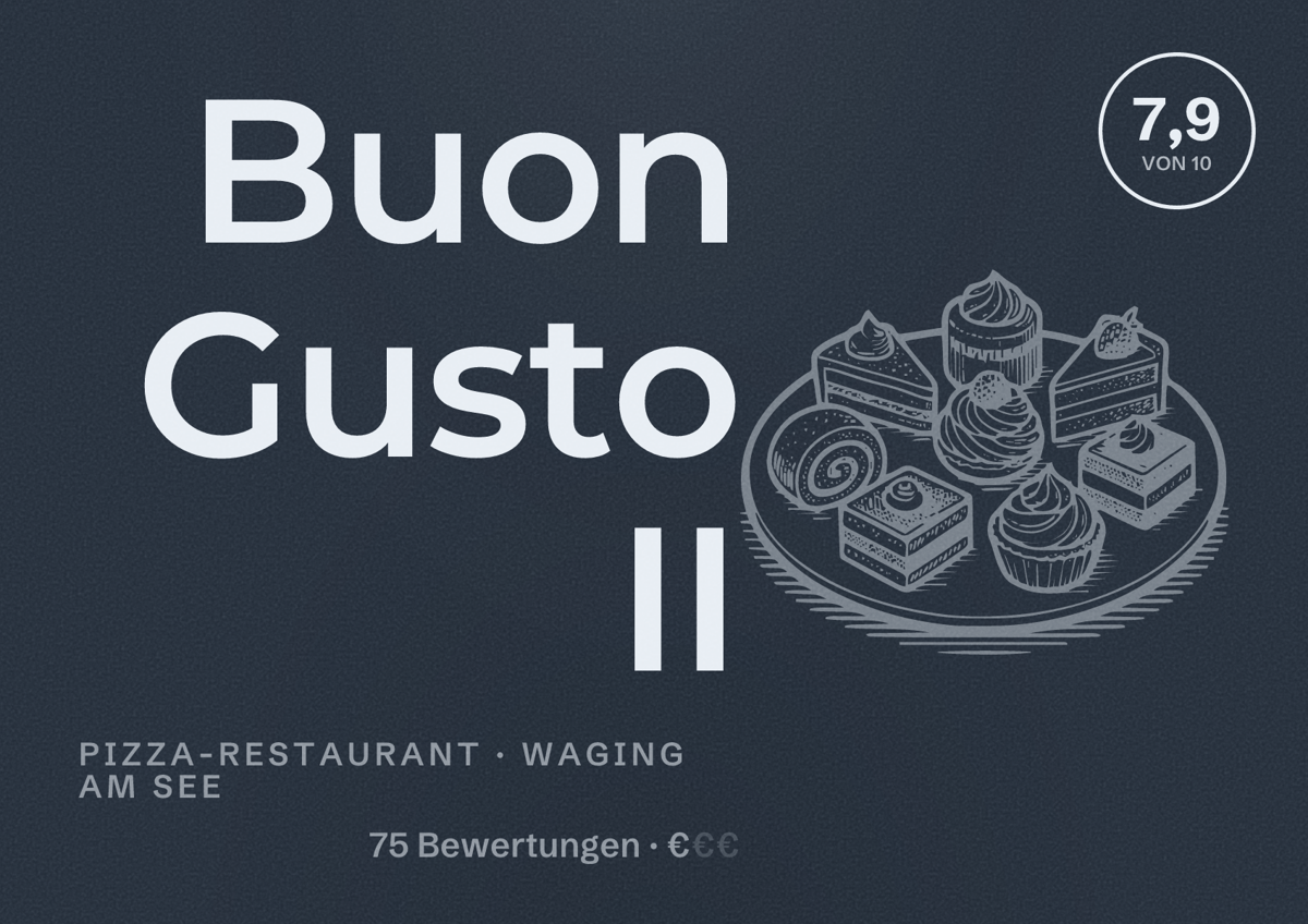 Illustriertes Poster von Buon Gusto II, Pizza-Restaurant in Waging am See: Bewertung 7,9 von 10 aus 75 Bewertungen, Preisniveau €