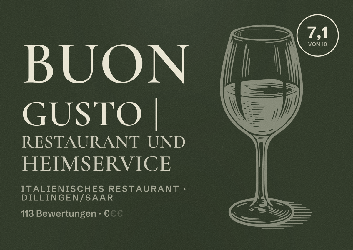 Illustriertes Poster von Buon Gusto | Restaurant und Heimservice, Italienisches Restaurant in Dillingen/Saar: Bewertung 7,1 von 10 aus 113 Bewertungen, Preisniveau €