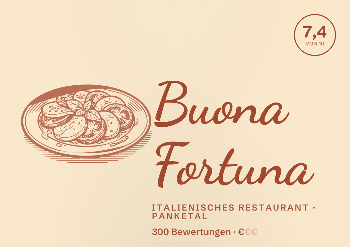 Illustriertes Poster von Buona Fortuna, Italienisches Restaurant in Panketal: Bewertung 7,4 von 10 aus 300 Bewertungen, Preisniveau €