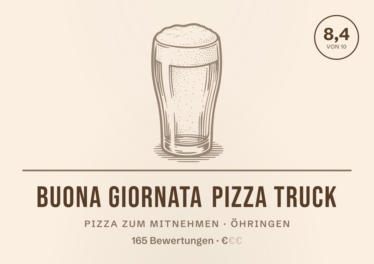Illustriertes Poster von Buona Giornata Pizza Truck, Pizza zum Mitnehmen in Öhringen: Bewertung 8,4 von 10 aus 165 Bewertungen, Preisniveau €