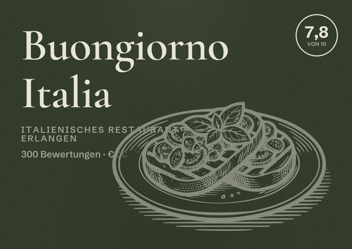Illustriertes Poster von Buongiorno Italia, Italienisches Restaurant in Erlangen: Bewertung 7,8 von 10 aus 300 Bewertungen, Preisniveau €