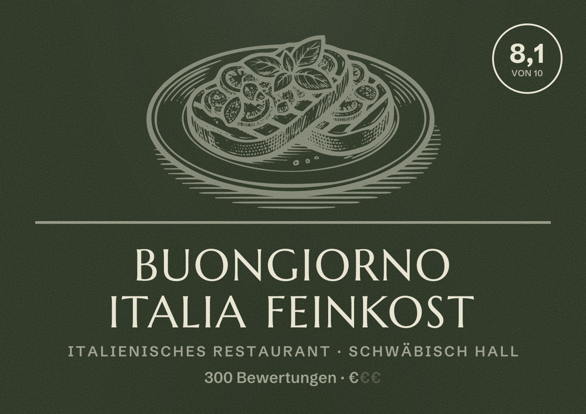 Illustriertes Poster von Buongiorno Italia Feinkost, Italienisches Restaurant in Schwäbisch Hall: Bewertung 8,1 von 10 aus 300 Bewertungen, Preisniveau €