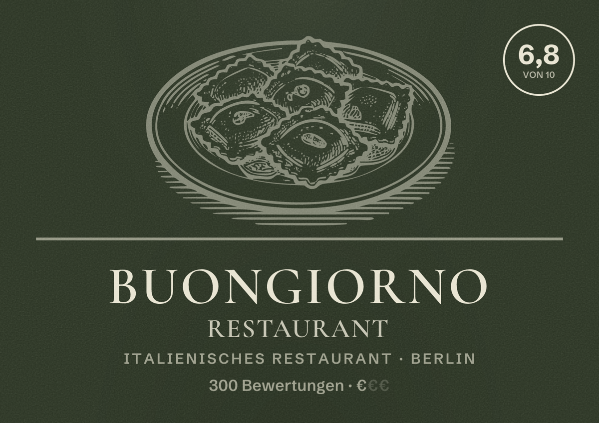 Illustriertes Poster von Buongiorno Restaurant, Italienisches Restaurant in Berlin: Bewertung 6,8 von 10 aus 300 Bewertungen, Preisniveau €