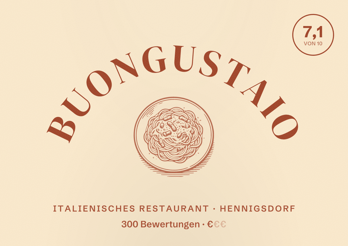 Illustriertes Poster von Buongustaio, Italienisches Restaurant in Hennigsdorf: Bewertung 7,1 von 10 aus 300 Bewertungen, Preisniveau €